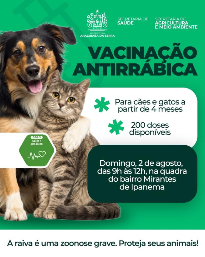 Vacinação Antirrábica acontece neste domingo no bairro Mirantes de Ipanema