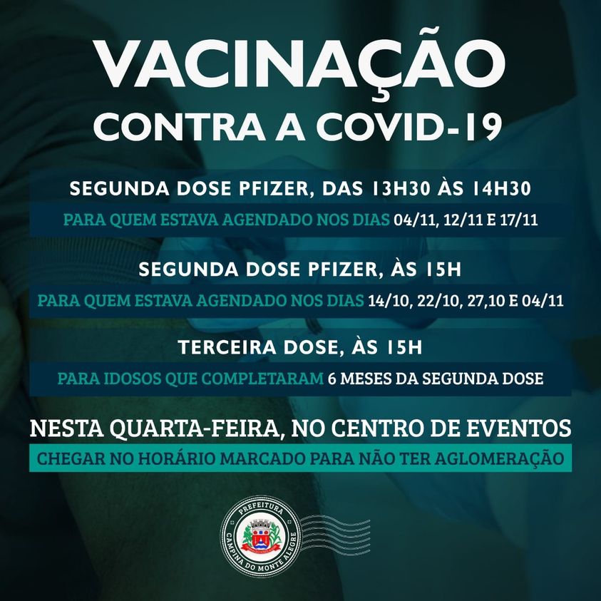Amanhã (20) é dia de vacinação das segundas doses da pfizer e terceiras doses para idosos