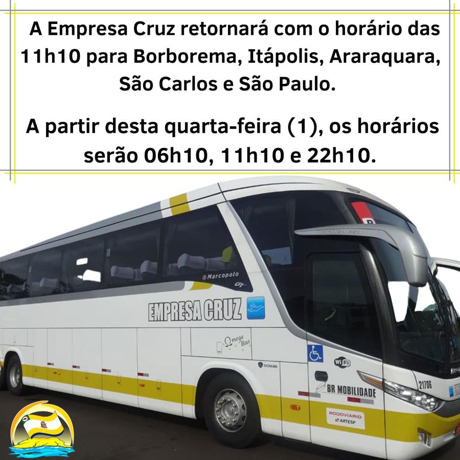 Empresa Cruz retornará com o horário das 11h10 para Borborema, Itápolis, Araraquara, São Carlos e São Paulo