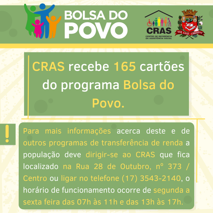 CRAS recebe 165 cartões do programa bolsa do povo