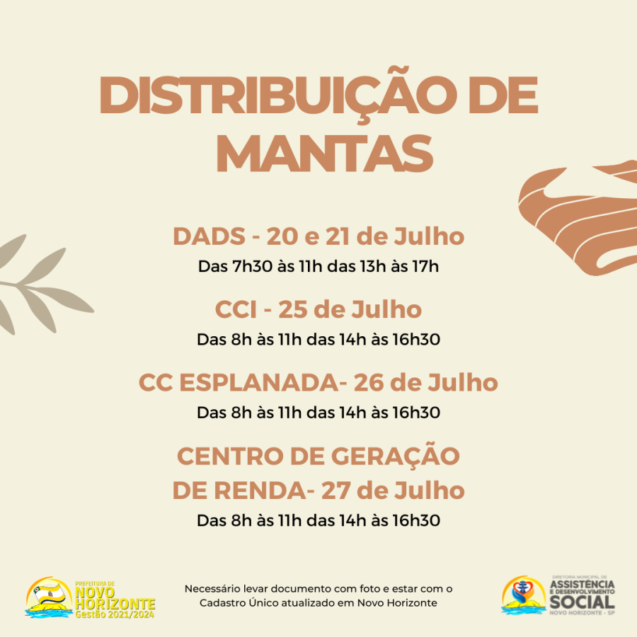 Prefeitura de Novo Horizonte por meio da Diretoria de Assistência e Desenvolvimento Social Social realiza entrega de mantas