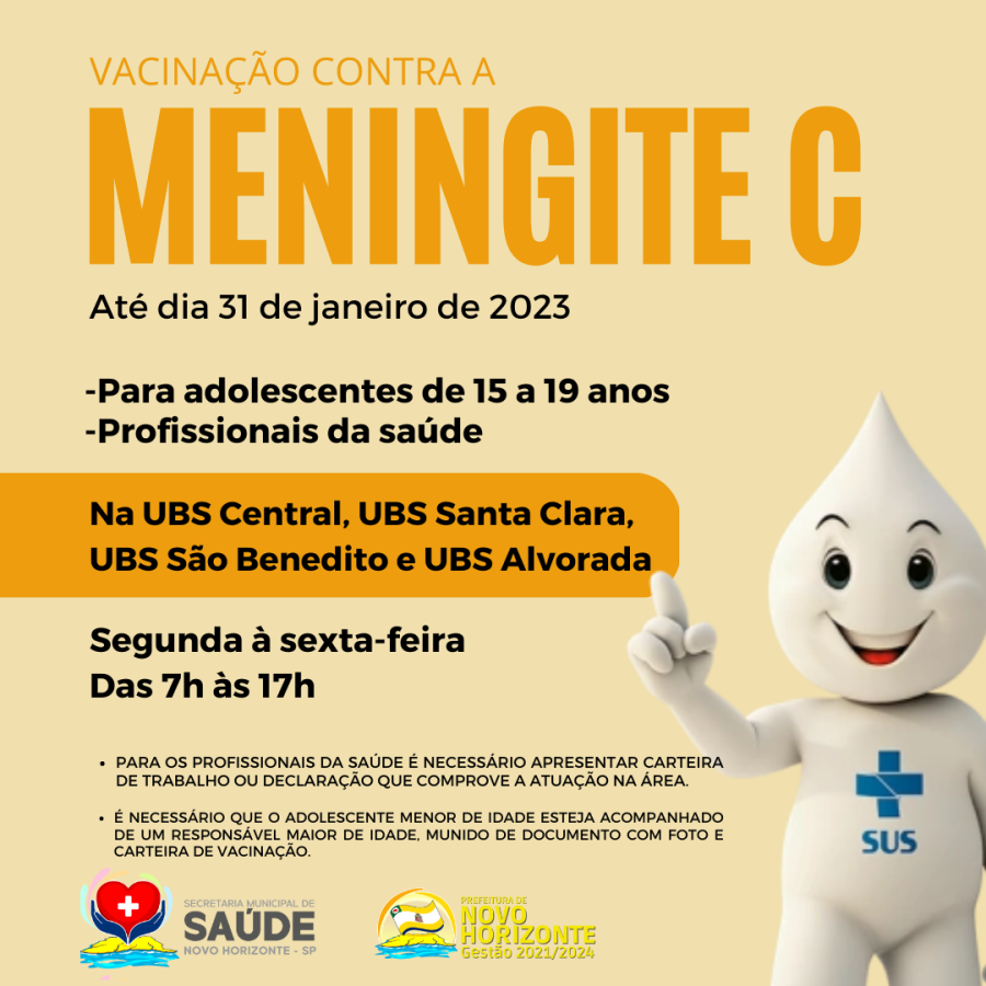 Secretaria de Saúde de Novo Horizonte libera vacinação Meningocócica C para adolescentes de 15 a 19 anos e para profissionais da saúde