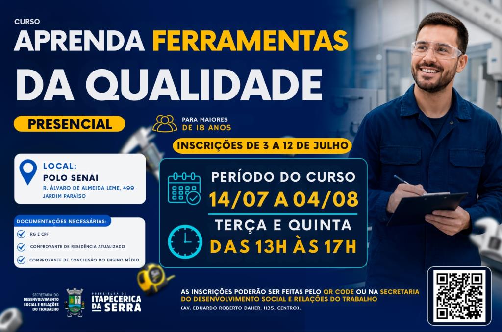 Prefeitura abre inscrições para curso gratuito de Ferramentas da Qualidade em parceria com SENAI e SEBRAE
