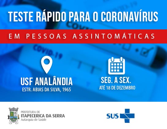 Coronavírus: teste rápido na USF Analândia é prorrogado até dia 18/12