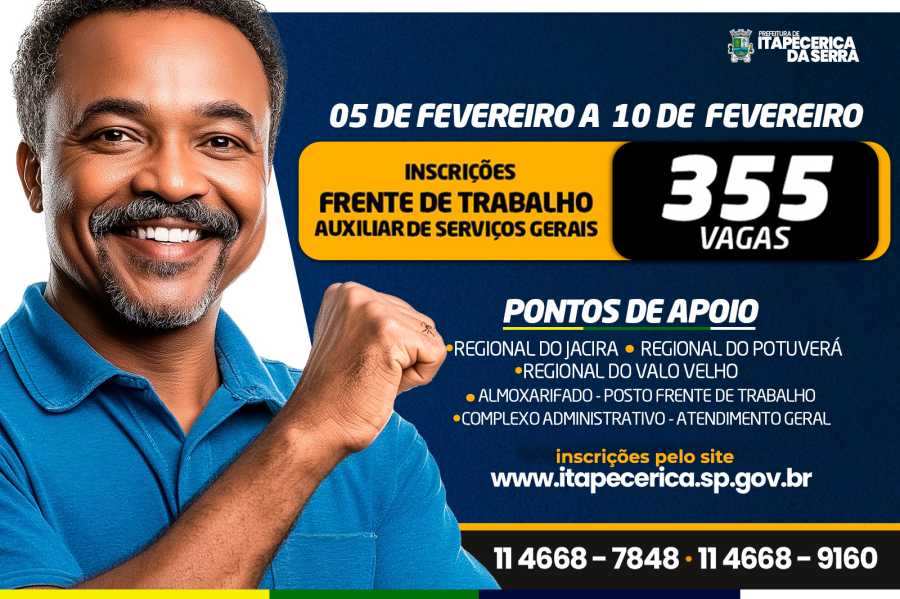Prefeitura abrirá inscrições para o Programa Emergencial de Trabalho e Cidadania (Frente de Trabalho)