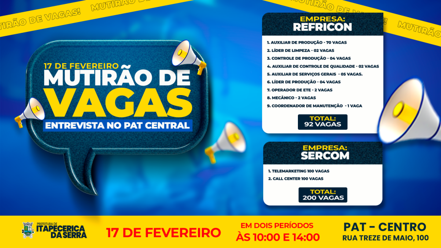 PAT realizará Mutirão de Vagas no próximo dia 17 de fevereiro