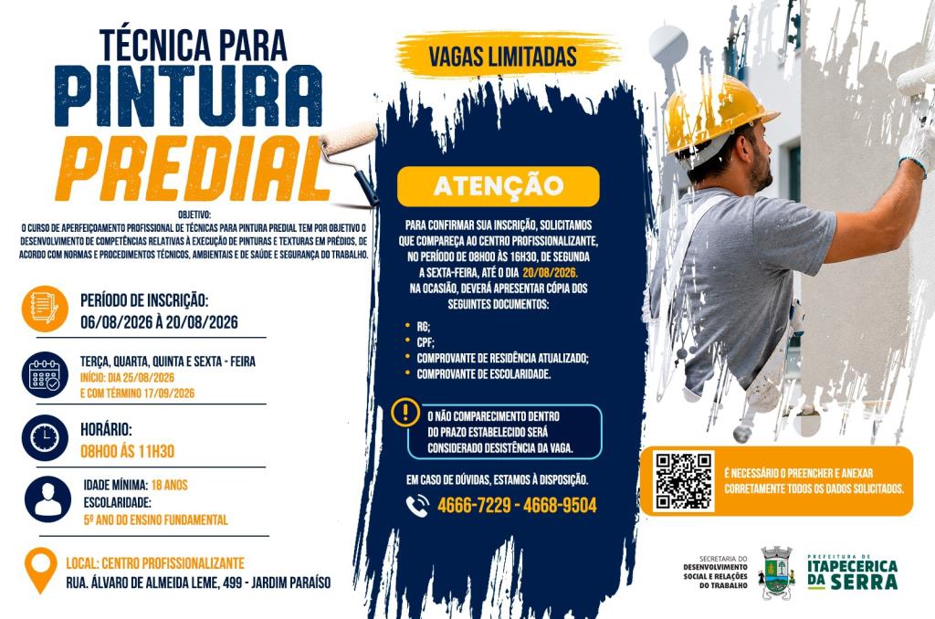 Prefeitura abre inscrições para curso de Técnicas para Pintura Predial