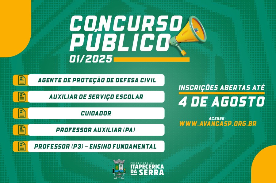 Prefeitura abre Concurso Público com vagas de ensino médio e superior
