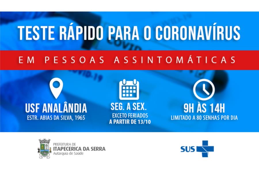 Coronavírus: Rede Municipal de Saúde oferece teste rápido para pessoas assintomáticas