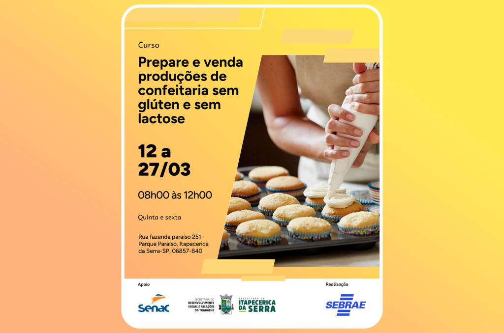 Inscrições abertas para curso de confeitaria sem glúten e sem lactose em Itapecerica da Serra