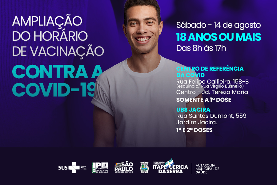Horário ampliado para vacinação contra a Covid-19 para pessoas a partir de 18 anos
