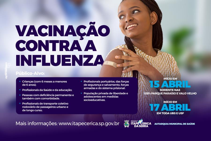 USFs Parque Paraíso e Valo Velho antecipam a vacinação contra a Influenza para sábado, 15 de abril, para grupos prioritários