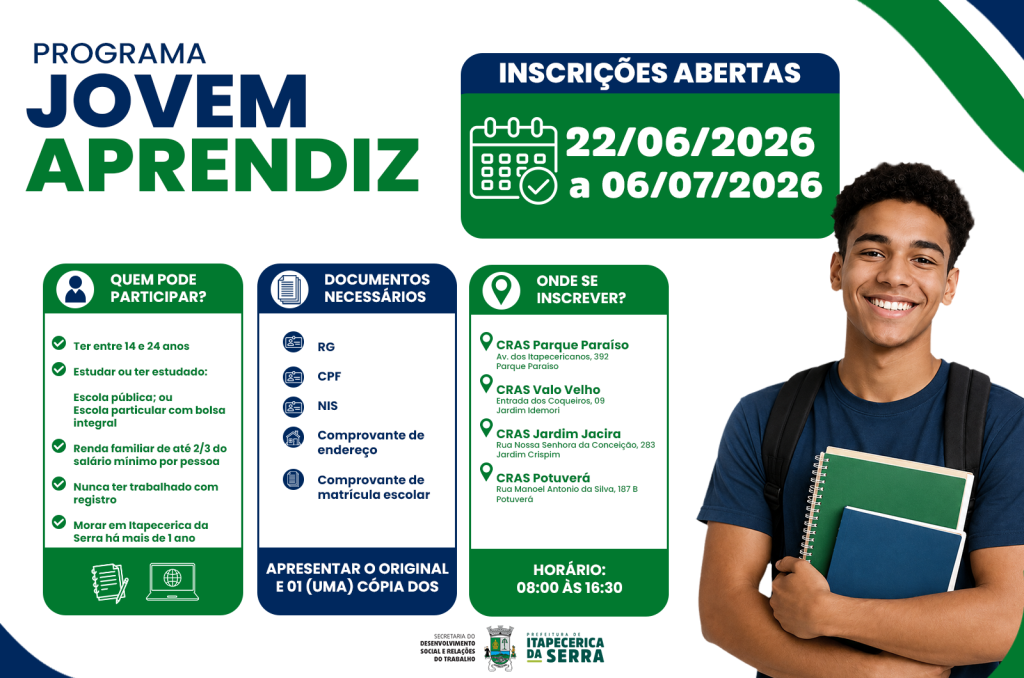 Prefeitura de Itapecerica da Serra abre inscrições para o Programa Municipal Jovem Aprendiz