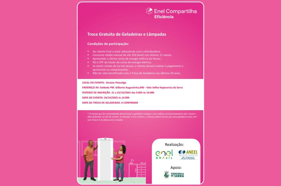 Enel Compartilha Eficiência: programa promove troca gratuita de geladeiras e lâmpadas na cidade