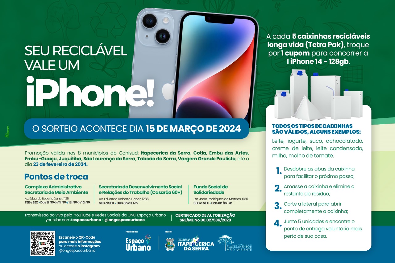 Recicla Itapecerica: Seu reciclável Tetra Pak pode valer um Iphone 14
