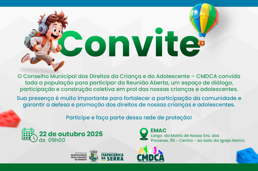 O Conselho Municipal dos Direitos da Criança e do Adolescente – CMDCA convida toda a população para participar da Reunião Aberta, um espaço de diálogo, participação e construção co