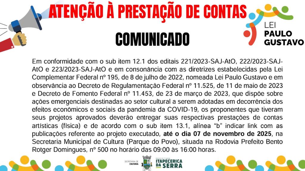 Comunicado da Secretaria Municipal de Cultura sobre a Lei Paulo Gustavo