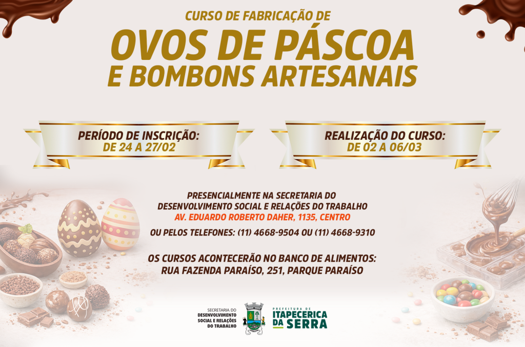 Prefeitura de Itapecerica da Serra abre inscrições para curso de Ovos de Páscoa e Bombons Artesanais