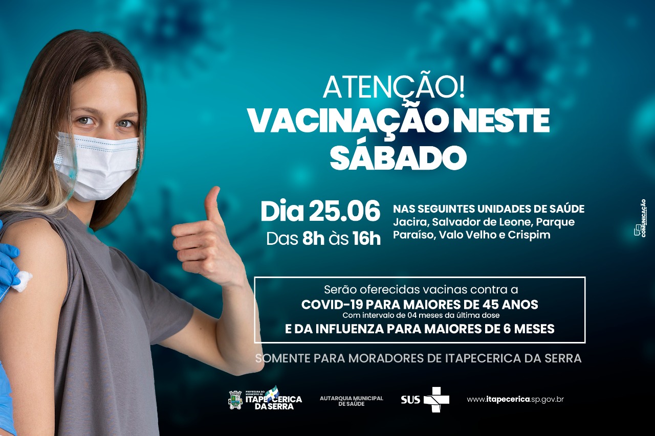 Neste sábado (25) cinco Unidades de Saúde vacinam contra a Covid-19 e Influenza
