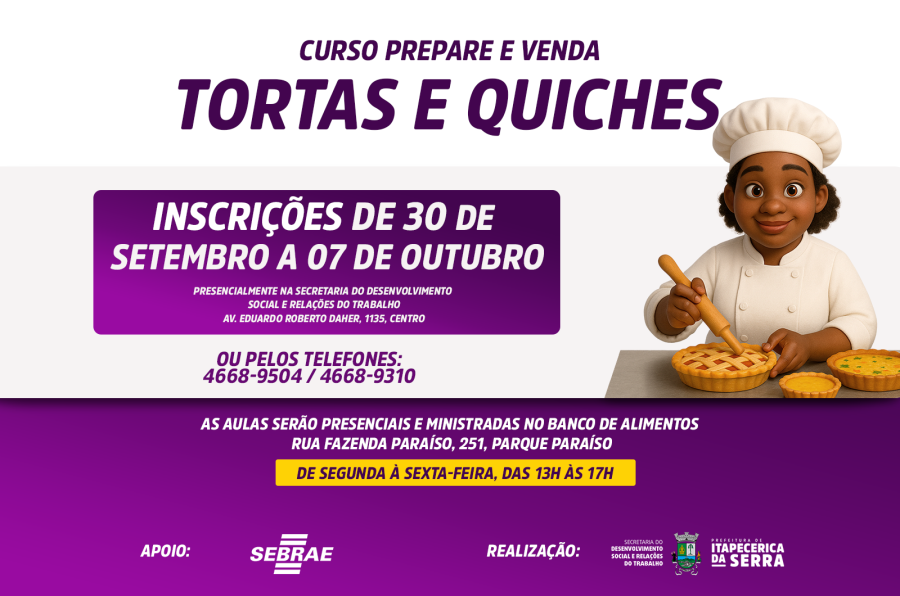 Oportunidade: curso "Prepare e Venda Tortas e Quiches" em Itapecerica abre inscrições no dia 30