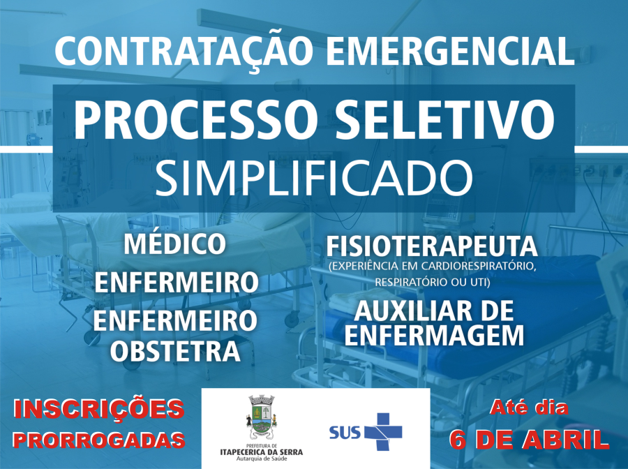 Processo Seletivo para contratação de Médico, Enfermeiro, Enfermeiro Obstetra, Fisioterapeuta e Auxiliar de Enfermagem