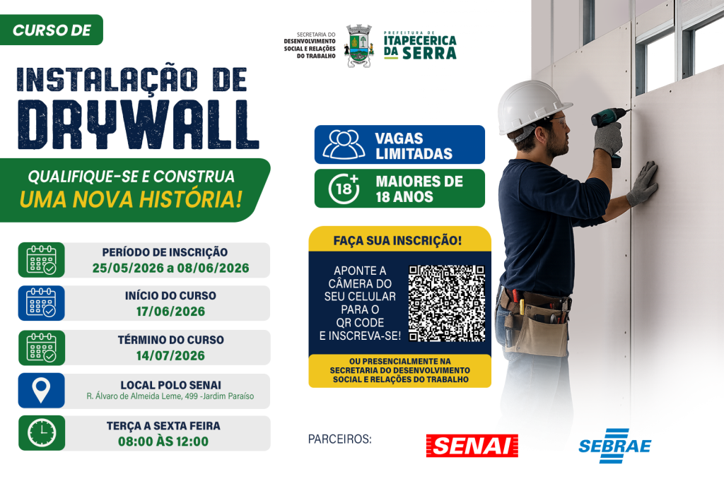 Prefeitura abre inscrições para curso gratuito de Instalação de Drywall em Itapecerica da Serra