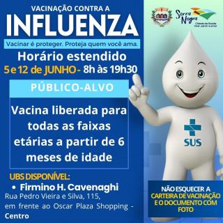 Vacinação Influenza 2025 - todos os públicos 5 e 12 de junho - centro
