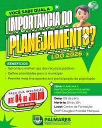 📊 VOCÊ SABE QUAL A IMPORTÂNCIA DO PLANEJAMENTOA construção do futuro da nossa cidade começa com a sua participação!Benefícios do planejamento-✔️ Uso eficiente dos recursos públicos✔️ Definição de prioridades para