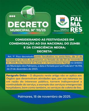 📢 DECRETO MUNICIPALFica estabelecido ponto facultativo na sexta-feira, 21 de novembro, em decor