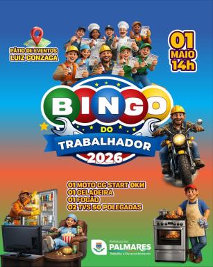 O BINGO DO TRABALHADOR 2026 ESTÁ CHEGANDO! 🎉No dia 01 de maio, a partir das 14h, no Pátio de Ev