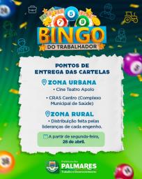 Está chegando o momento de celebrar o Dia do Trabalhador com muita alegria e prêmios incríveis!O tradicional Bingo do Trabalhador está de volta, e a Prefeitura dos Palmares iniciará a distribuição das cartelas para