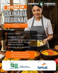 GOSTA DE COZINHAR ENTÃO APROVEITA ESSA CHANCE! 👩_🍳Vem aí a Oficina de Culinária Regional! Um curso GRATUITO, com 45 horas de muito aprendizado e sabores da nossa terra.Serão 20 vagas e as aulas acontecem de 04 a