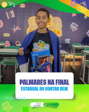 ESTUDANTE DE PALMARES AVANÇA PARA A ETAPA ESTADUAL DO CONCURSO CONTAR BEMO estudante Paulo César