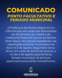 COMUNICADO- PONTO FACULTATIVO E FERIADO MUNICIPAL
