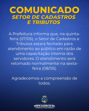 Comunicado- Setor de Cadastros e Tributos