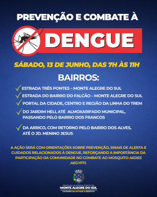 Prefeitura realiza ação de prevenção e combate à dengue neste sábado (13/06)