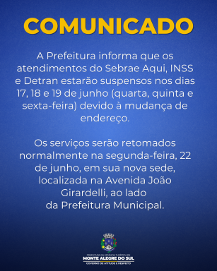 Comunicado- Sebrae Aqui, INSS e Detran