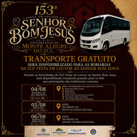 Transporte gratuito será disponibilizado para as romarias da 153ª Festa em Louvor ao Senhor Bom Jesus