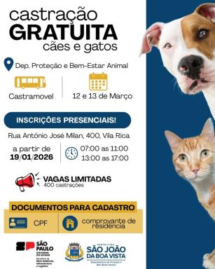 Prefeitura abre inscrições para castração gratuita de cães e gatos