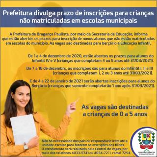 Inscrições para crianças não matriculadas em escolas municipais
