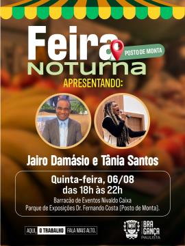 Jairo Damásio e Tânia Santos animam a Feira Noturna desta quinta-feira (6)