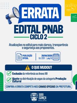 Secretaria Municipal de Cultura e Turismo publica errata do Edital nº 01/2026 da PNAB – Ciclo 2