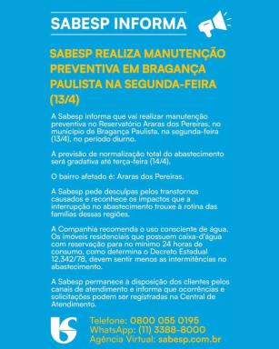 Sabesp realiza manutenção preventiva em Bragança Paulista na segunda-feira (13/04)