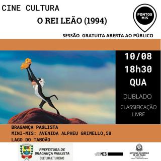 10.08.2022 Mini Mis exibe filme infantil “Rei Leão” nesta quarta-feira
