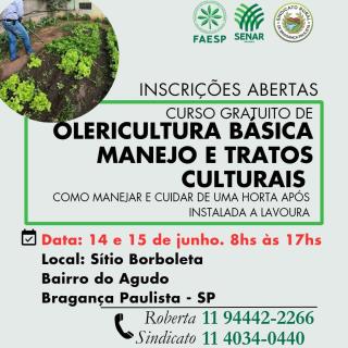 Abertas inscrições para curso gratuito de Olericultura Básica e Tratos Culturais