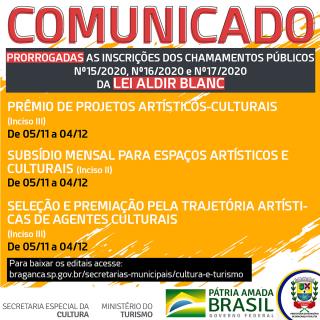 ARTE - Prorrogadas as inscrições dos Chamamentos Públicos da Lei Aldir Blanc1