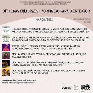 Inscrições abertas para atividades do programa “Oficinas culturais - Formação para o Interior”