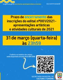 Cadastro de propostas de apresentações artísticas e atividades culturais encerra no dia 31 de março