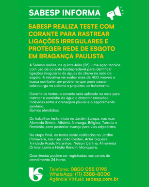 Sabesp usa corante para rastrear ligações irregulares e proteger rede de esgoto em Bragança Paulista