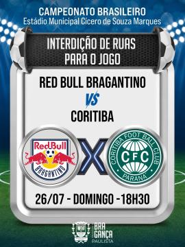 Ruas serão interditadas para jogo entre Red Bull Bragantino e Coritiba neste domingo (26/07)